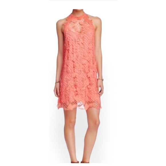 Free People Women’s Coral Lace Overlay Halter Top Mini Dress SZ Petite S - Picture 1 of 10